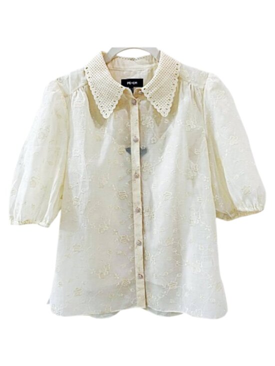 ME+EM Silk Cotton Organza Embroidered Collar Blouse White Size 4 Designer - Picture 4 of 14